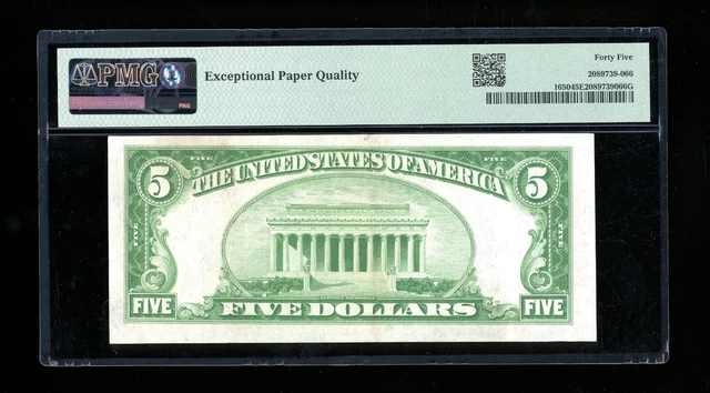 DBR 1934 $5 Silver Fr. 1650 BA Block PMG 45 EPQ Serial B21049776A 2