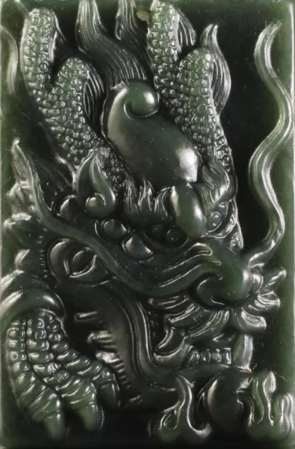 Chinese Finely Carved Green Jade Dragons Head Pendant / Plaque