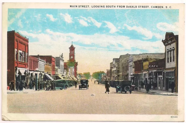 Postcard SC Main Street, Looking South From DeKalb Street, Camden South Carolina