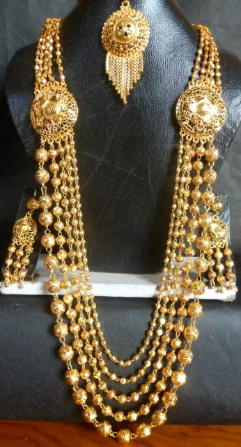 Indian Gold Long Necklace Set 22K - StBr14180 - 22K Indian Gold Necklace &  Earrings set with Hand crafted design in filigree work with flat design i