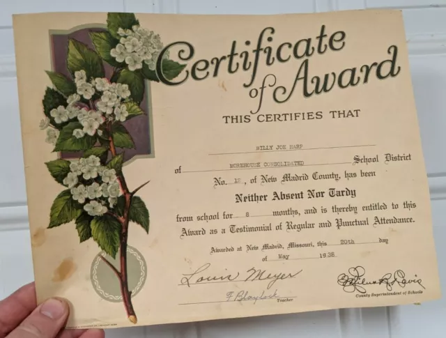 1939 School Diploma Paper Certificate Morehouse MO Billie Joe Harp New  Madrid 
