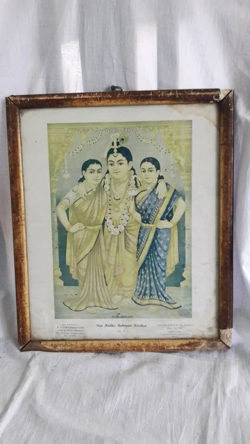 Diosa hindú Sree Radha Rukmani & Lord Krishna Antique VTG Old Paper Print F28