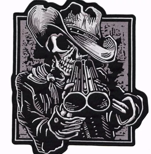 Shotgun Skull Patch 12.5" | Cowboy Skeleton Halfskull Embroidered Iron On Large