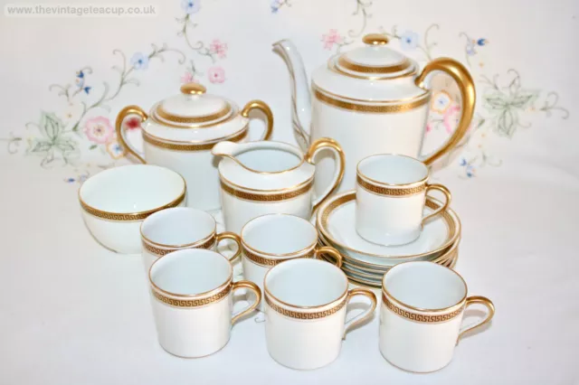 Superb Limoges Haviland Porcelain White Gold Greek Key Coffee Set Pot Demi Tasse