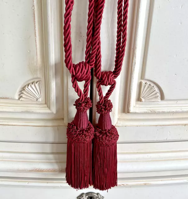 Tassels (2) Burgundy Red 22  x 2 in Tie-Back or Chair Bullion Cord Fringe Ruched