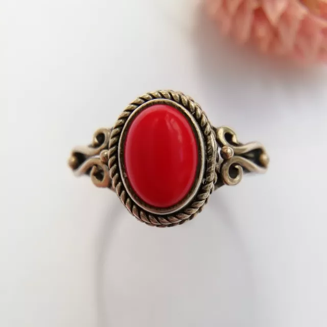 Fine bague corail rouge argent T53 style ancien vintage