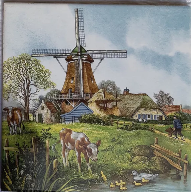 J.C.V. Hunnik Signed Decorative Tile Holland Countryside Village Cow