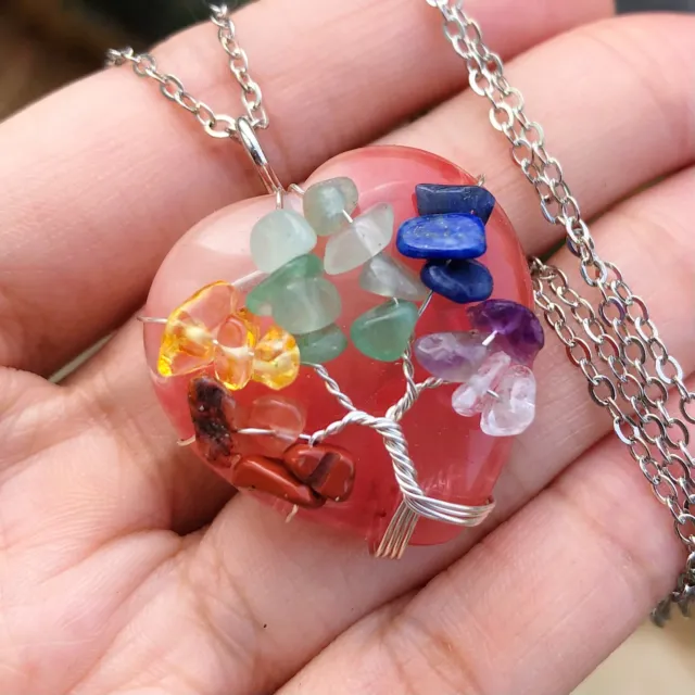 7 Chakra Cheery Quartz Gem Tree Of Life Heart Necklace Reiki Healing Amulet