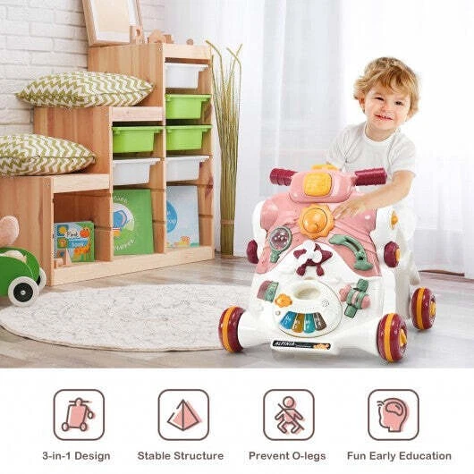 3-in-1 Baby Sit-to-Stand Walker with Music and Lights-Pink - Color: Pink