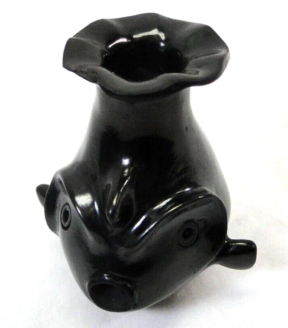 Shiny Black Pottery Fish Signed by Artist Manuel MR - Repair Work