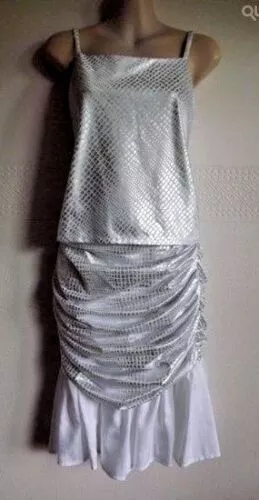 Size 8 Women's Silver & White 1980'S Disco Vintage Retro Outfit - Top & Skirt