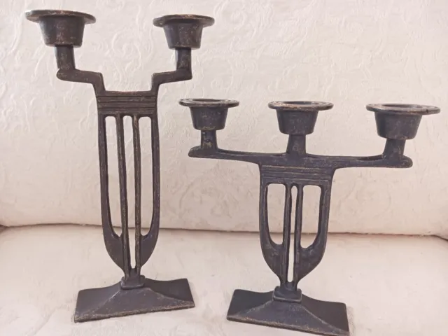 Pair Italian Arts Crafts Mission Style Bronze Candelabra Candleholders Italy
