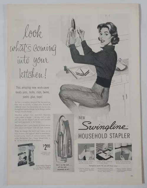 SWINGLINE Household Kitchen Stapler Lady Twine Tacks B&W Vintage Poster Print Ad