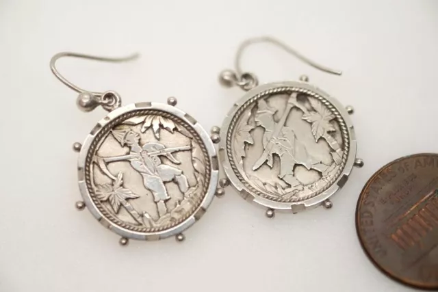 Unusual Antique Victorian Aesthetic Movement Carved Silver Earrings