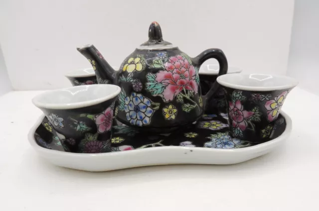 Black Famille Rose Miniature Tea Set Zhongguo Jingdezhen Vintage China