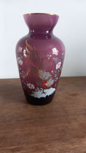 ancien grand vase en opaline violet asiatique a decor de fleurs et coq