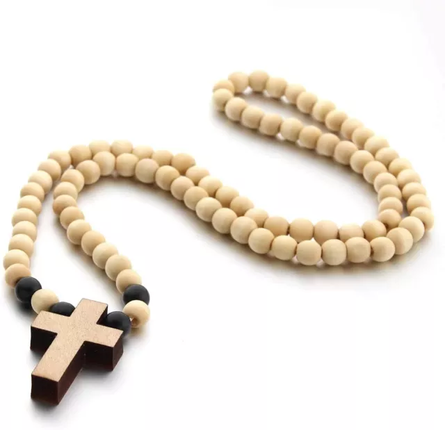 Round Light Natural Catholic Wood Prayer Bead Pendant Necklace Cross Rosary Gift 2