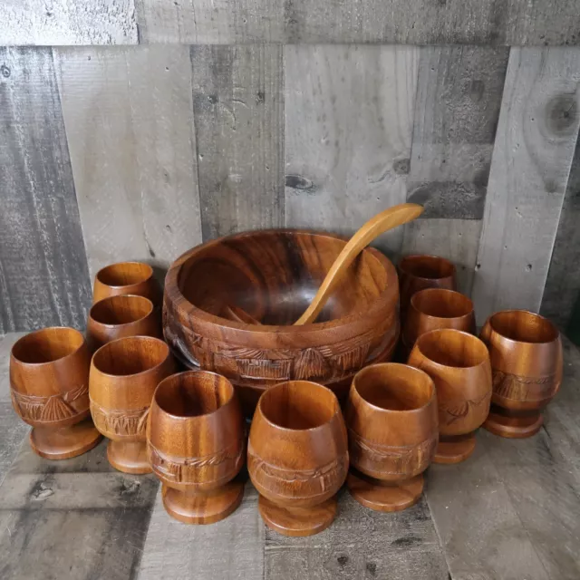 Carved Wood Punch Bowl Set with Ladle & 11 Footed Cups Monkey Pod Phillipines