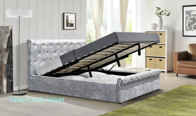 Crushed Velvet Diamante Chesterfield Ottoman Sleigh Bed Frame in Silver 3ft 4ft6