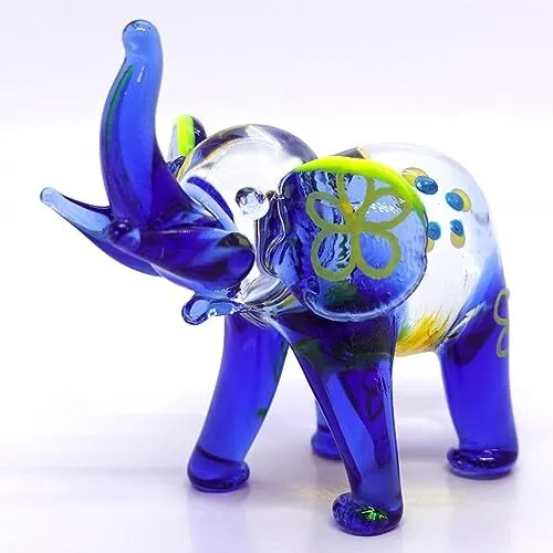 Sansukjai Elephant Tiny Miniature Hand Blown Glass Art Figurines Blue Yellow