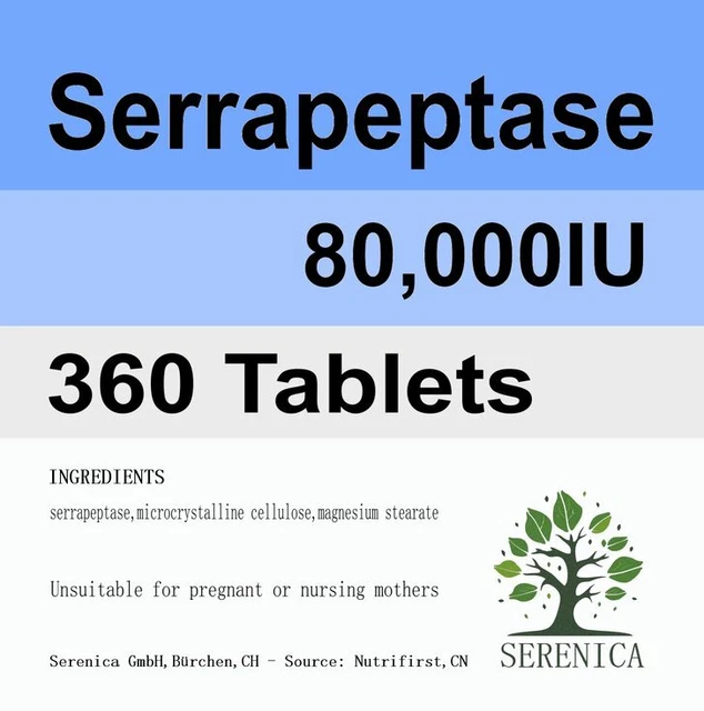 Serrapeptase 80000 IU high strength enteric Non-Gmo Extra x 360 Tablets