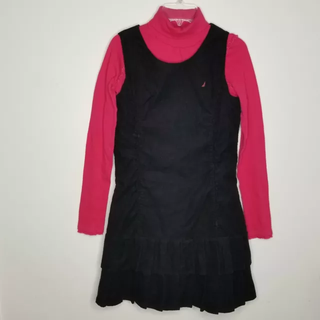 Girls Nautica 2 Pc Black Corduroy Jumper Dress Pink Turtleneck Top Size XL 12-14