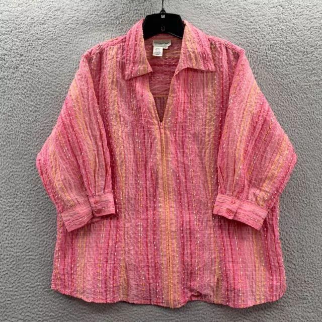 Coldwater Creek Blouse Womens 1X Top 3/4 Sleeve Pink Swiss Dot Sheer