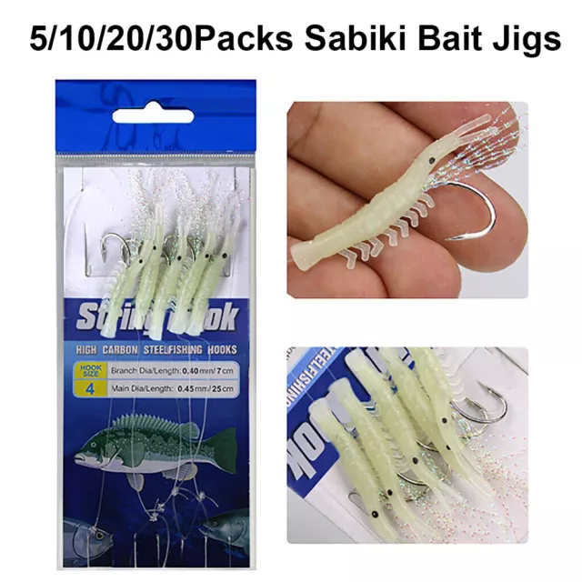 30PK Sabiki Bait Jigs Saltwater Lure Fish Skin Rigs Carbon Hook 1/2/3/4/5/6#