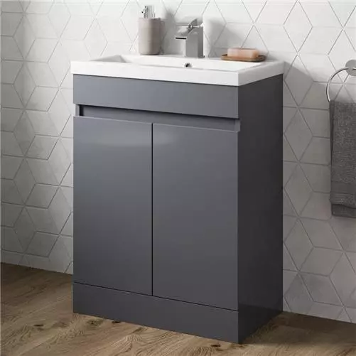 Bathroom Vanity Unit Freestanding Basin Sink Cabinet Furniture Gloss Grey 600mm