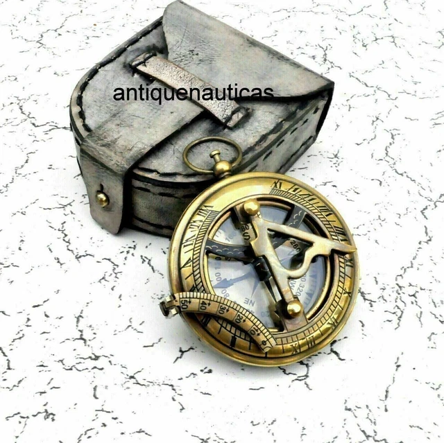 Lot of 5 PCs  3" Push Button Sundial Compass W/Leather Case Brass Antique Marine