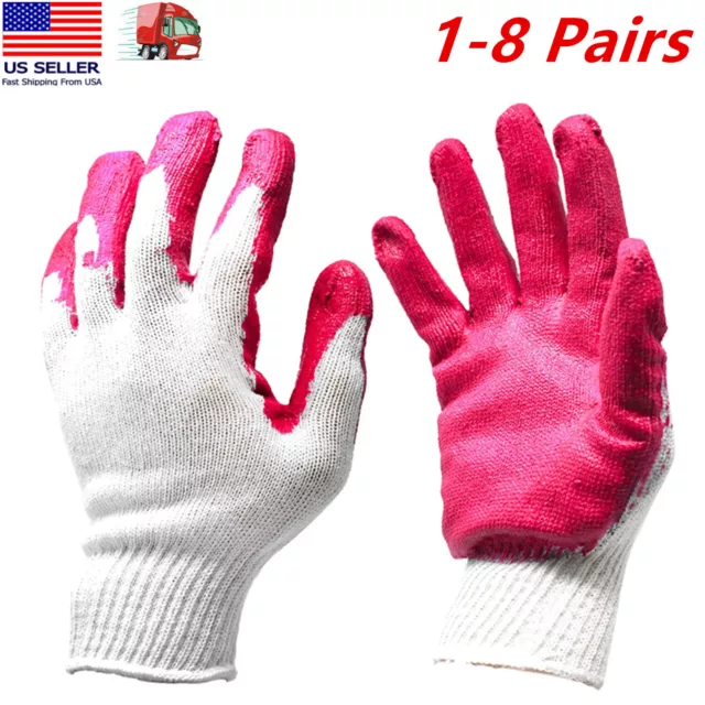 1-8 Pairs Non-Slip Red Latex Rubber Palm Coated Work Safety Gloves Garden Gloves