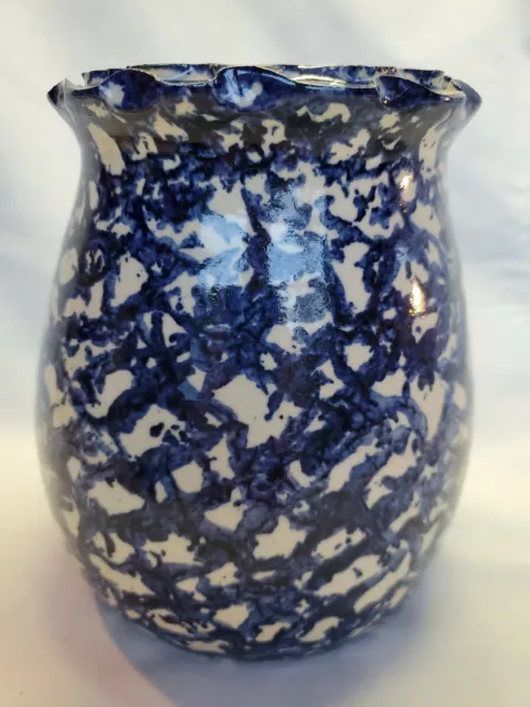 Marshall Texas Pottery 6" Vase Blue Spongeware Ruffle Edge Signed