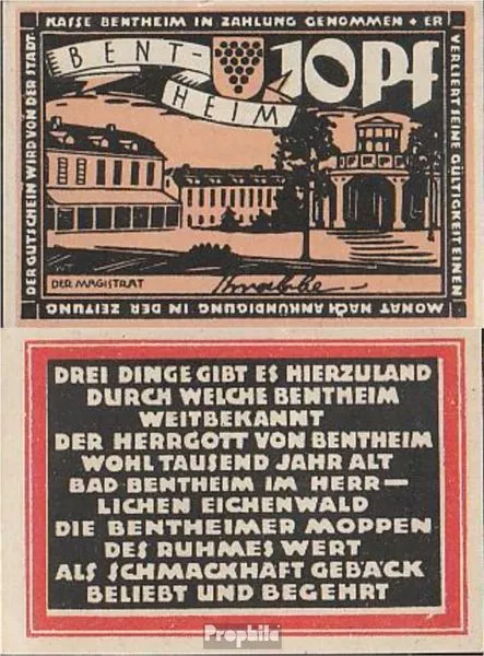 Banknoten Bentheim 1921 Notgeld: 75.1 10 Pf Notgeld der Stadt Bentheim bankfrisc
