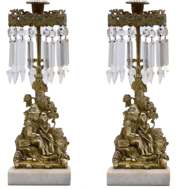 Vintage Marble Bronze 2 Piece Girandole Set Crystal Prisms Candlesticks - a Pair