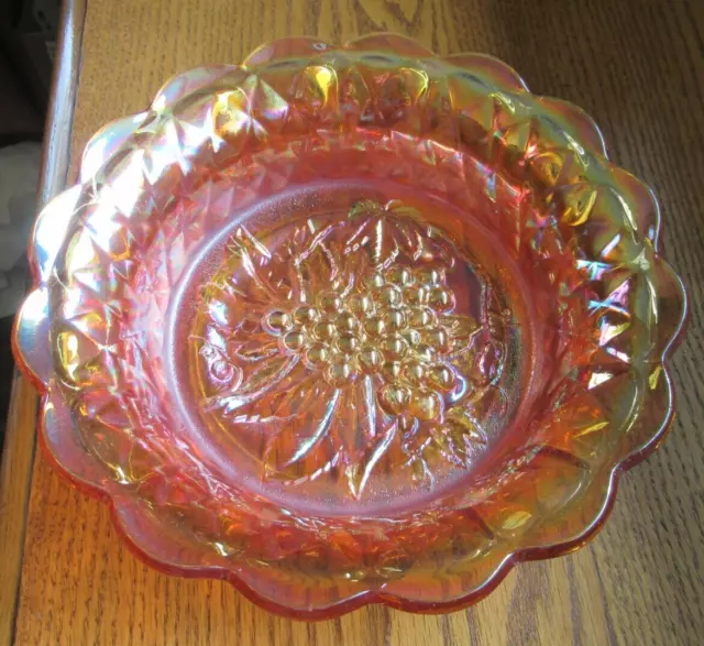 Vintage Indiana Iridescent Harvest Grape Marigold Carnival Glass Round Bowl 9"