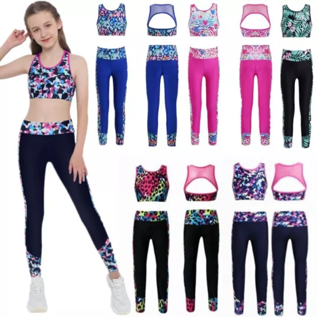 Kids Girls Sports Suit Crop Top with Pants Tracksuit Fitness Workout Activewear