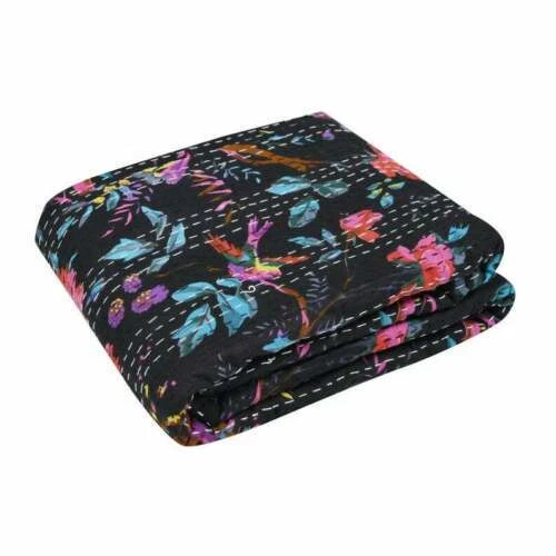 Mantas de color negro edredones Kantha indios hechos a mano funda reina/doble colcha