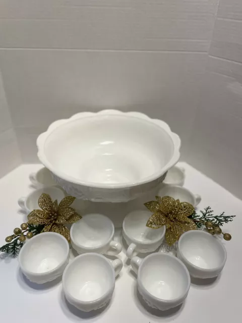 Vintage Thatcher McKee Milk Glass Panel Grape Punch Bowl Set 14 Pieces