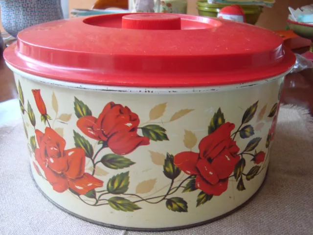 Large Mid Century Australian Willow Red Roses Collectible Cake Tin 11in Diameter