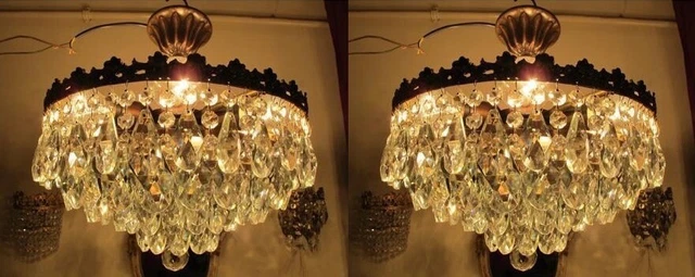 PAIR OF Antique Vintage French Basket Style Crystal Chandelier Lamp  1940s 15 in
