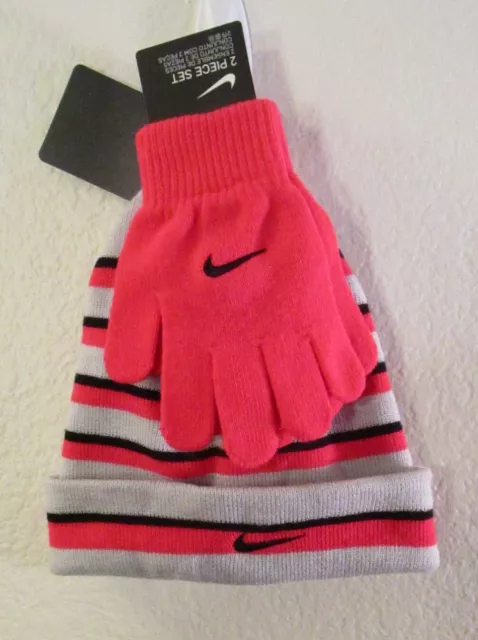 NWT Nike Girls Futura Foldover Beanie & Gloves 2-Piece Set OSFA Racer Pink