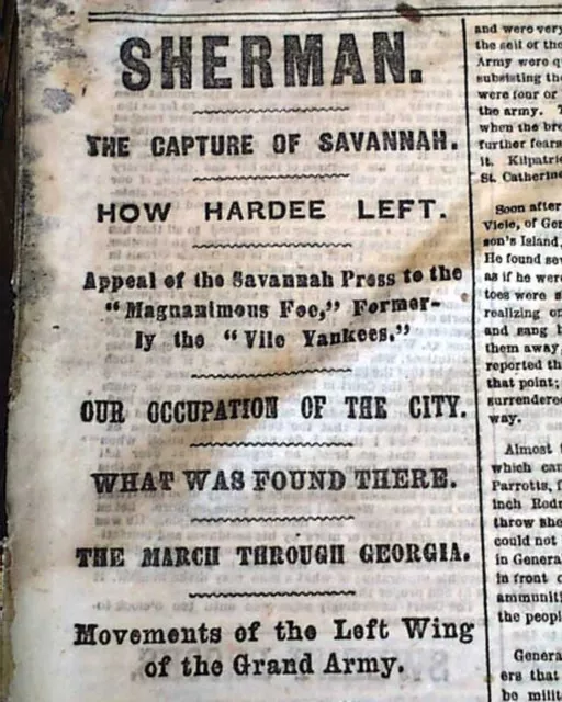 SAVANNAH GA CAPTURED William T. Sherman Sea March Ends Civil War 1864 Newspaper
