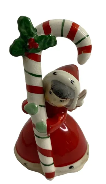 Vintage 1956 Napco Ceramic Christmas Bell Angel Grey Hair Candy Cane 3BX2239