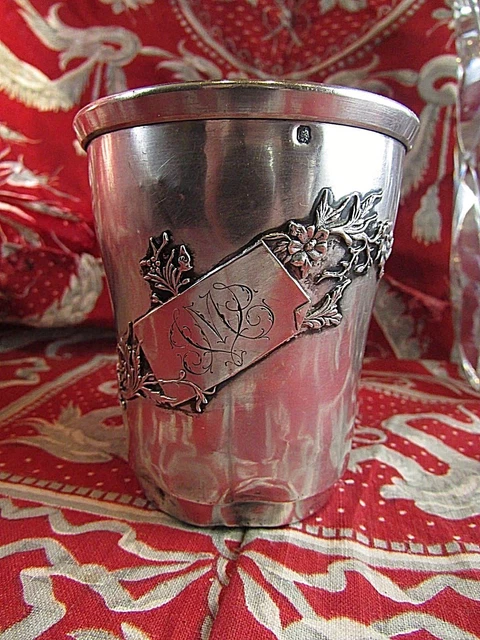 TIMBALE EN Argent Massif Poincon Minerve Et Fleur De Lys Monogrammes Poids 112 EUR 67,00 - FR