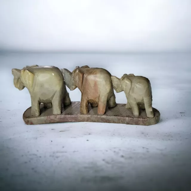 Elephant Family Carved Stone Green Three Tail Trunks Made in India 6 Inches Long