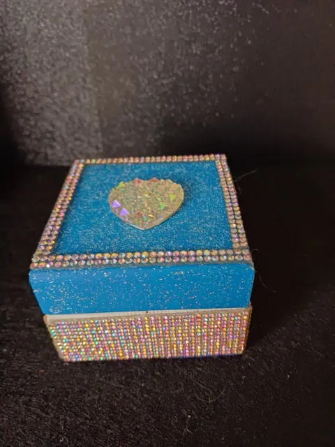 Jewellery trinket box with sparkly crystal heart blue with glitter & rhinestones