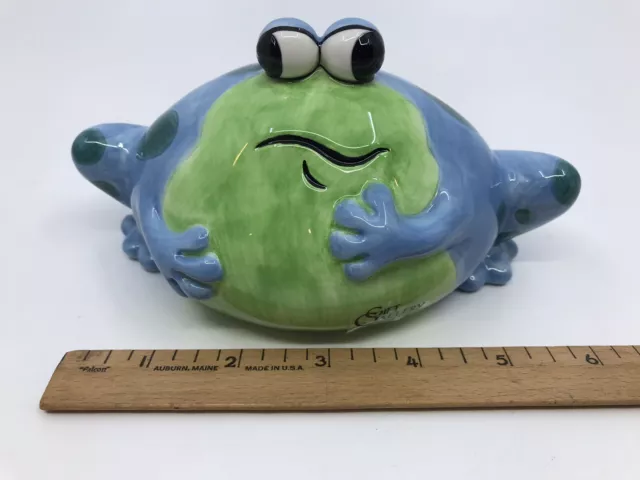 Vintage Fitz & Floyd Blue & Green Ceramic Spotted Frog Bank Gift Gallery 2