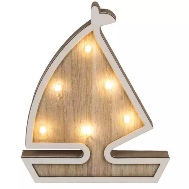 Deko Holz Segelboot 6 warmweiße LED Segelschiff Holzschiff Holzboot maritim 16cm