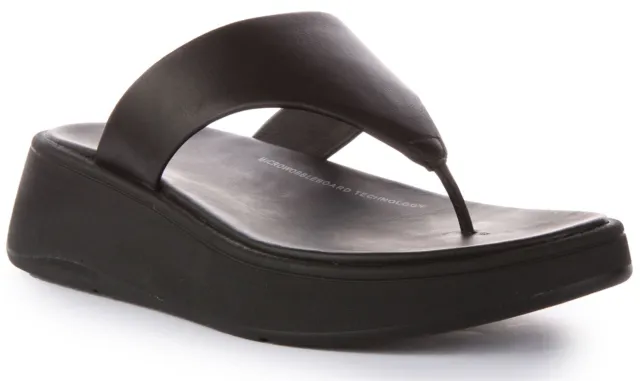Fitflop Toe Post F-Mode Luxe Leather Flatform Sandal Black Womens US 5 - 10