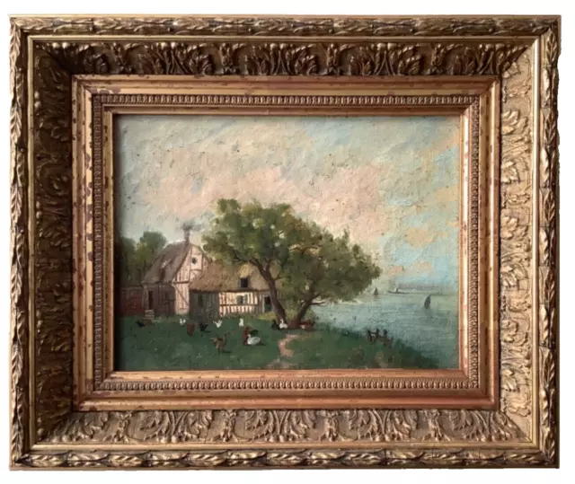 19th Century Beautiful Norman Seaside Farm with Chickens French Oil on Canvas